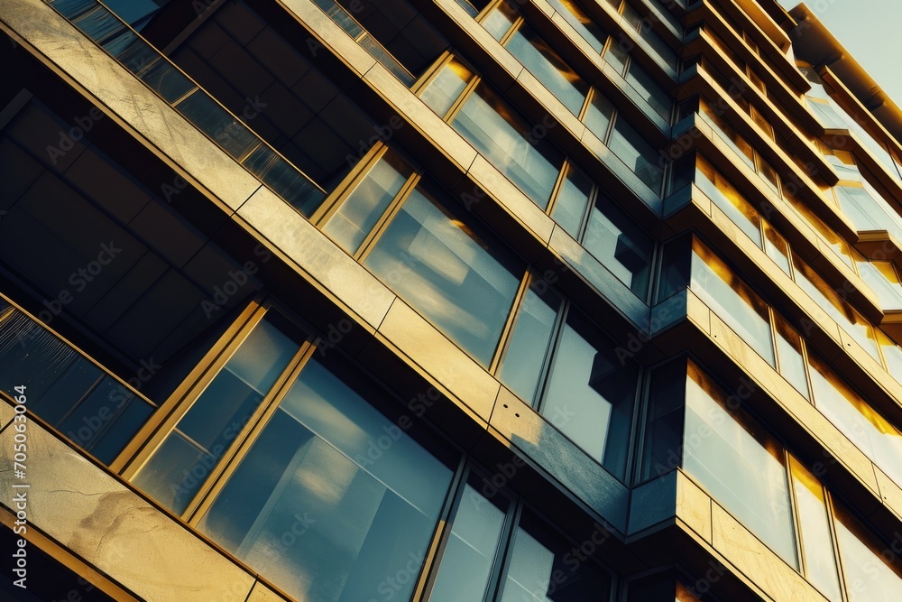 Poster A tall building with numerous windows and a clock. Suitable for illustrating urban landscapes or representing the concept of time in various contexts