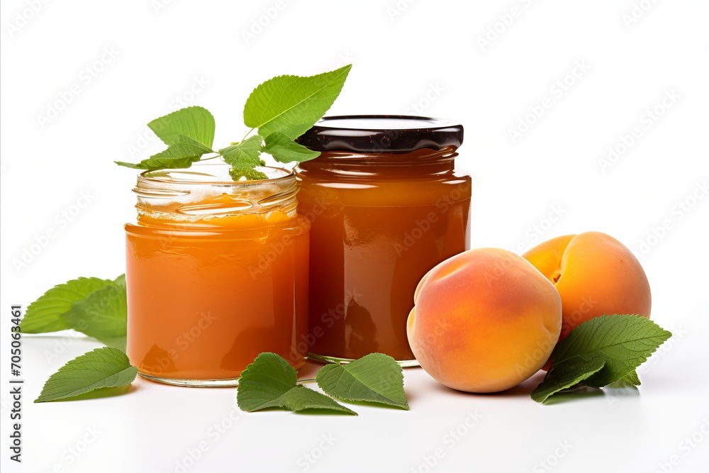 Aufkleber homemade apricot jam in a jar, isolated on white background with ample copy space for text placement
