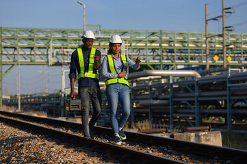 Male and female engineers check the drawing system inspection with the real pipe system of the new...