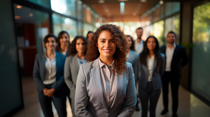 latin business woman in suit with blurred team people in office 