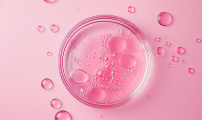 serum droplets in petri dish on vibrant pink surface