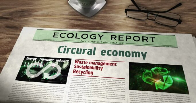 Circular economy and ecology zero waste industry daily newspaper on table. Headlines news abstract concept 3d.