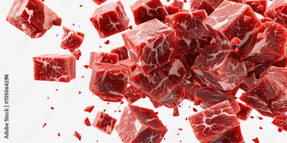Poster a pile of raw meat cubes on a white surface. suitable for culinary or food-related projects