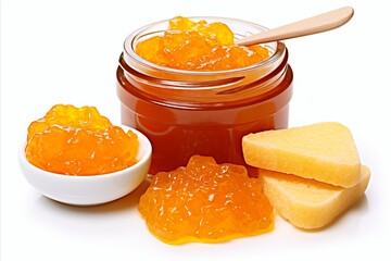 Delicious apricot jam in glass jar on white background with copy space and wooden spoon