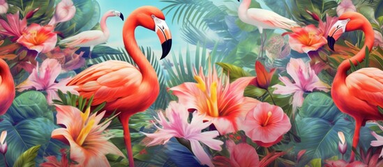 Illustration of tropical flowers, plants, leaves and flamingos - obrazy, fototapety, plakaty