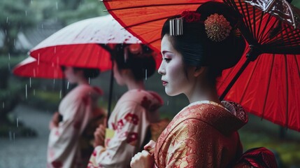A woman dressed in a kimono holds an umbrella. Perfect for cultural and fashion-themed projects
