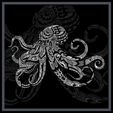 Monochrome Kraken octopus mandala arts.