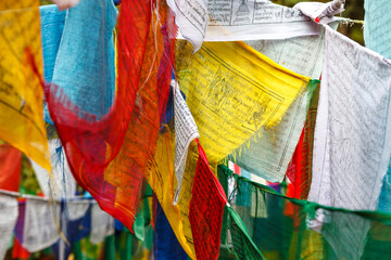 Colorful prayerflags at Burning Lake, a religious site, Jakar, Bumthang Valley, Bhutan