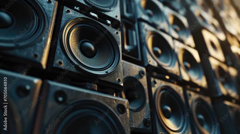 Poster A pile of speakers stacked on top of each other. Versatile image for various music-related projects