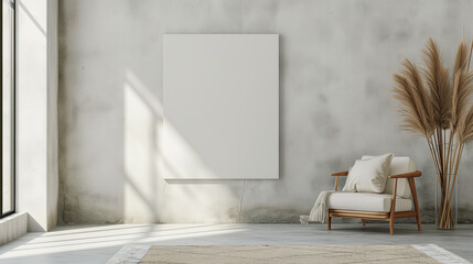 Canvas mockup, minimalistic interior background with armchair and rustic decor.