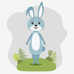 Cute animal in cartoon flat minimal style. Vector illustration of rabbit in forest landscape.
