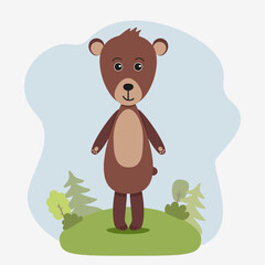 Cute animal in cartoon flat minimal style. Vector illustration of bear in forest landscape.

