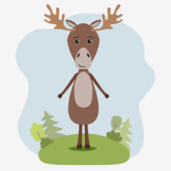 Cute animal in cartoon flat minimal style. Vector illustration of elk in forest landscape.
