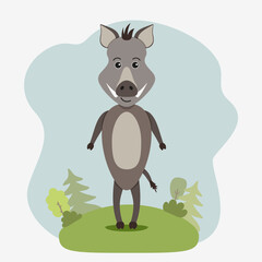 Cute animal in cartoon flat minimal style. Vector illustration of boar in forest landscape.