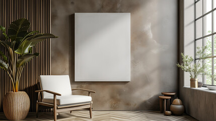 Canvas mockup, minimalistic interior background with armchair and rustic decor.