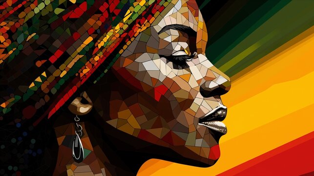 Black History Month background. African-American woman face in profile over red yellow green black colors background. Juneteenth freedom day. Racial equality, freedom, human rights day.