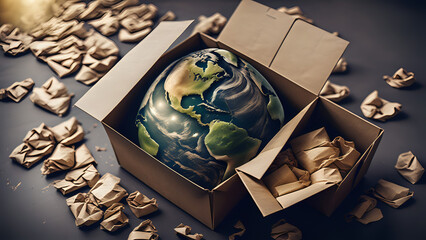 The world in the box, a cardboard box containing an Earth globe, symbolizing recycling,  Brown paper,  be recycled