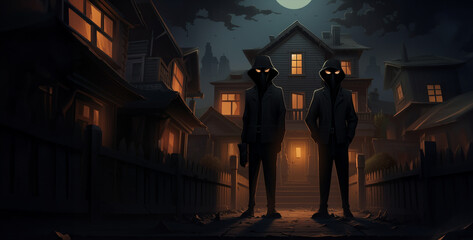 robbers in black masks are standing near the house - obrazy, fototapety, plakaty