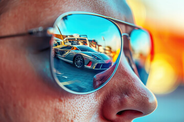 Mann mit Sonnenbrille worin sich ein Sportwagen spiegelt