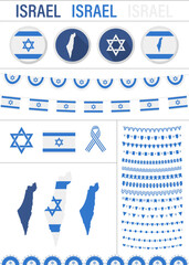 Set of Israel design elements. Attributes of Holiday, Israel flags, star of David, bunting flags, maps. - 705065616