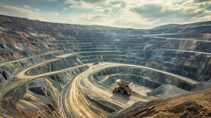 An open pit with working machines and trucks