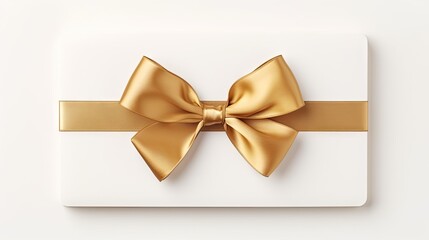 Blank gift card with golden bow isolated on white, top view 
