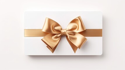 Blank gift card with golden bow isolated on white, top view 