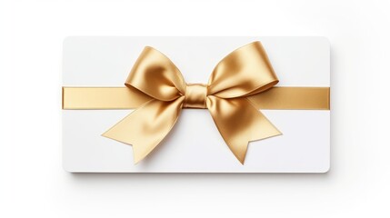 Blank gift card with golden bow isolated on white, top view 