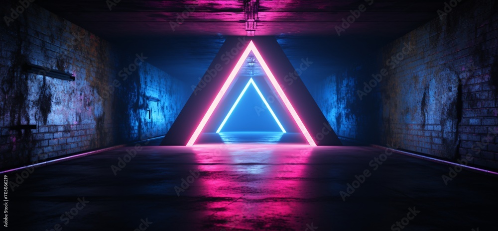Poster a tunnel with a pink and blue lighted triangle generative ai