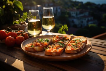 Bruschetta of tomatoes on a seaside terrace in Cinque Terre, with colored houses on the slope., generative IA - obrazy, fototapety, plakaty