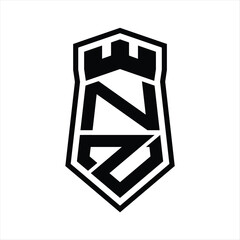 NZ Letter Logo monogram hexagon shield shape up and down with crown castle isolated style design