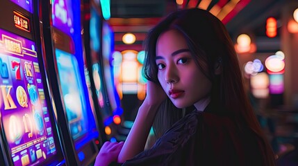 Asian woman gambling in casino playing on slot machines spending money. Gambler addict to spin machine. Asian girl player, nightlife lifestyle - obrazy, fototapety, plakaty