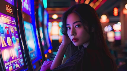 Fotobehang Asian woman gambling in casino playing on slot machines spending money. Gambler addict to spin machine. Asian girl player, nightlife lifestyle © buraratn