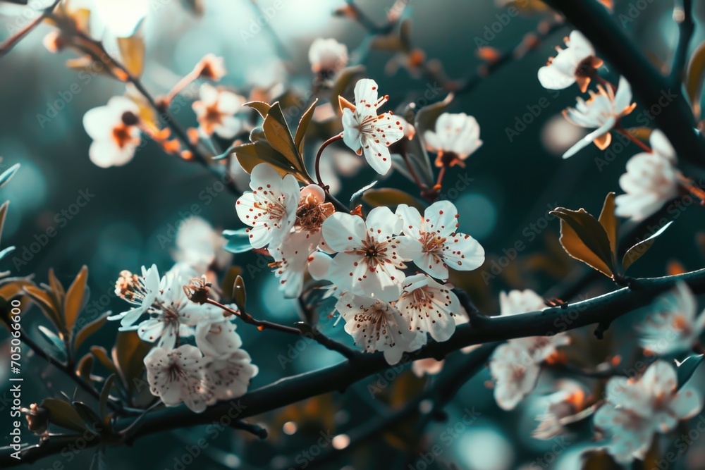 Poster A detailed view of a tree with delicate white flowers. Perfect for adding a touch of elegance and natural beauty to any project