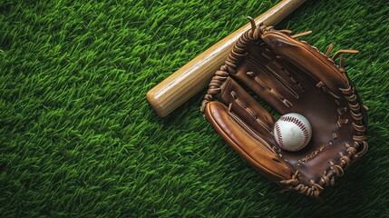 Baseball bat, glove and ball on green grass field. Sport theme background with copy space for text and advertisment 
