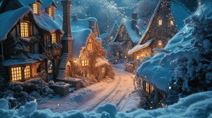 A picturesque winter village scene at dusk with snow-covered houses, glowing windows, and a blanket of snow on the ground.