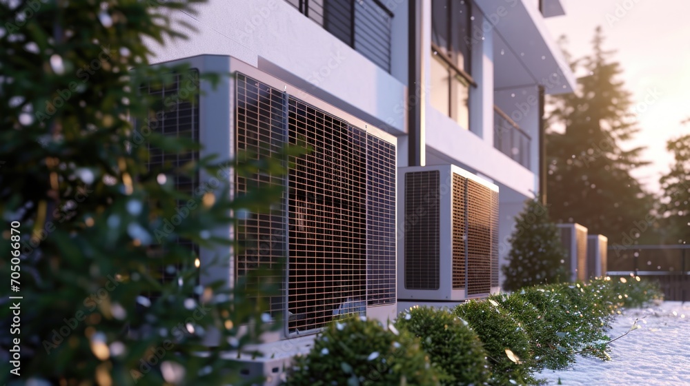 Poster a row of air conditioning units in front of a building. perfect for illustrating cooling systems or 