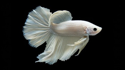 Fototapeta premium Betta White Platinum HM Halfmoon Male or Plakat Fighting Fish Splendens On Black Background