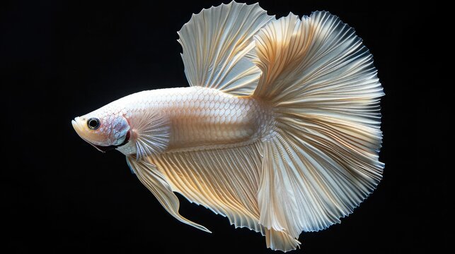 Betta White Platinum HM Halfmoon Male or Plakat Fighting Fish Splendens On Black Background