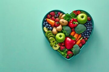 Heartfelt nutrition. Assortment of fresh organic fruits and vegetables arranged in shape of heart promoting healthy lifestyle and nutrient rich diet for wellness enthusiasts