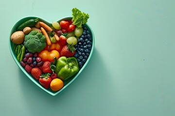 Heartfelt nutrition. Assortment of fresh organic fruits and vegetables arranged in shape of heart promoting healthy lifestyle and nutrient rich diet for wellness enthusiasts - obrazy, fototapety, plakaty