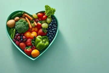 Fototapete Heartfelt nutrition. Assortment of fresh organic fruits and vegetables arranged in shape of heart promoting healthy lifestyle and nutrient rich diet for wellness enthusiasts © Bussakon