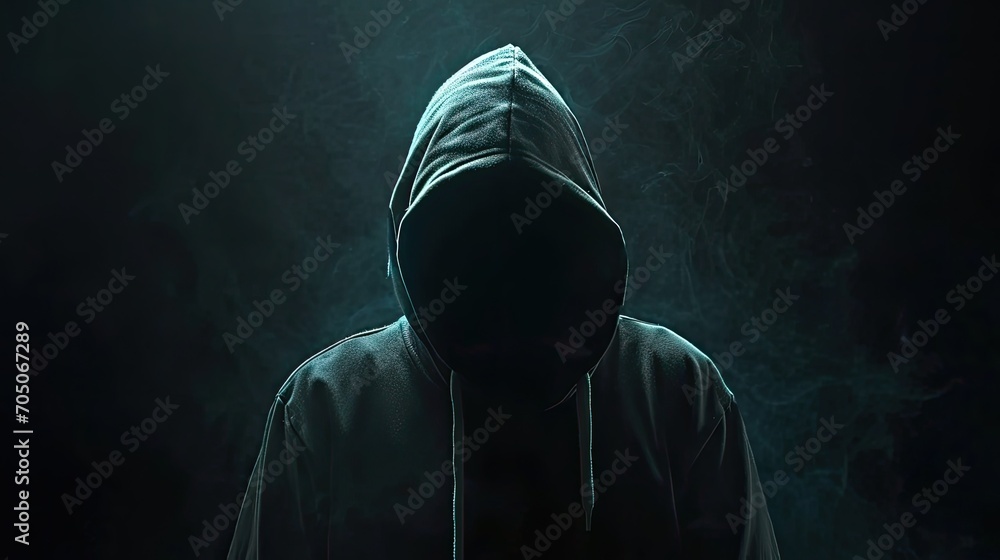 Poster computer hacker in hoodie. obscured dark face. data thief, internet fraud, darknet and cyber securit