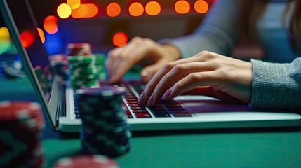 Close up cropped photo of girl hands using her laptop for playing poker online.  - obrazy, fototapety, plakaty