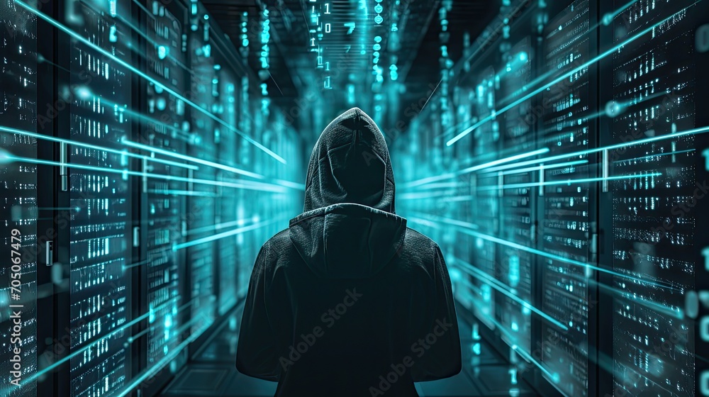 Poster dangerous hooded hacker breaks into government data servers and infects their system with a virus. h