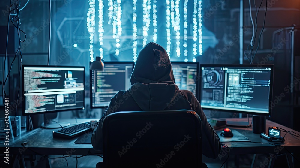 Poster dangerous hooded hacker breaks into government data servers and infects their system with a virus. h