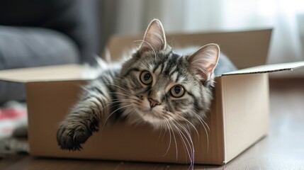 Cute grey tabby cat in cardboard box on floor at home 