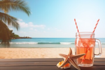 Tropical cocktail on beach with palm trees, shells, starfish, blue sea, and copy space for text