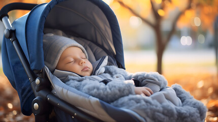 Cute toddler newborn, male boy child or kid sleeping or napping in the stroller baby carriage, resting in autumn nature in a pram pushchair outdoors. Fall season, infant dreaming in perambulator - obrazy, fototapety, plakaty