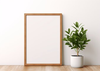 A white picture frame with a blank canvas and a potted plant in the background Generative AI